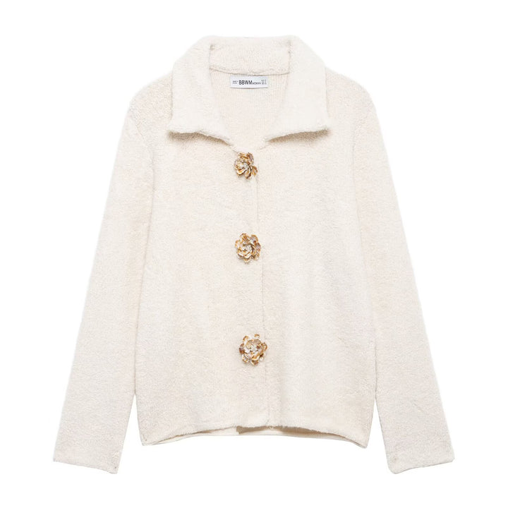 Ladies Cozy Fluffy Jacket with Decorative Buttons Lune London
