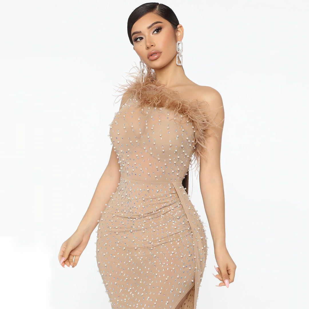 Lune London midi one-shoulder sequin dresses for women with feather details