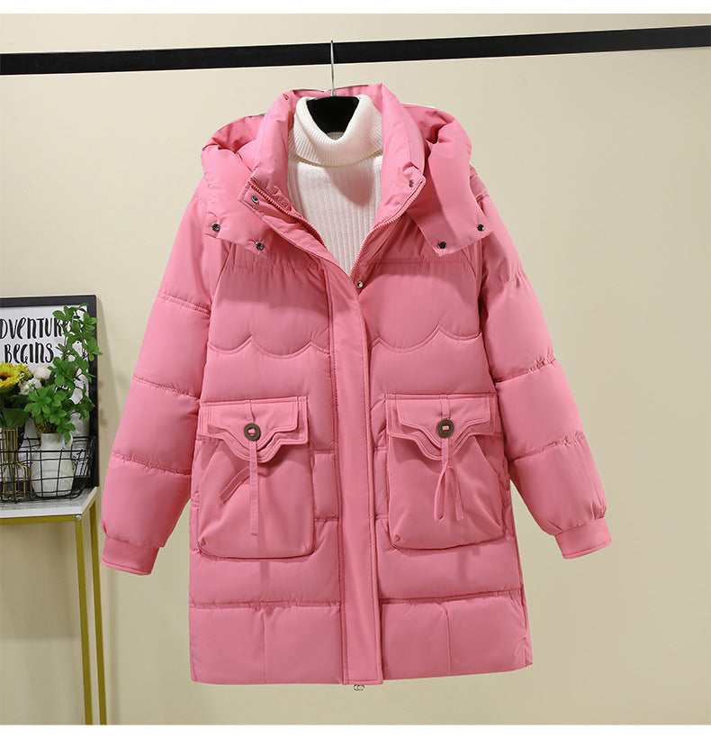 Ladies Long Puffer Jacket with practical hood collar and large pockets Lune London