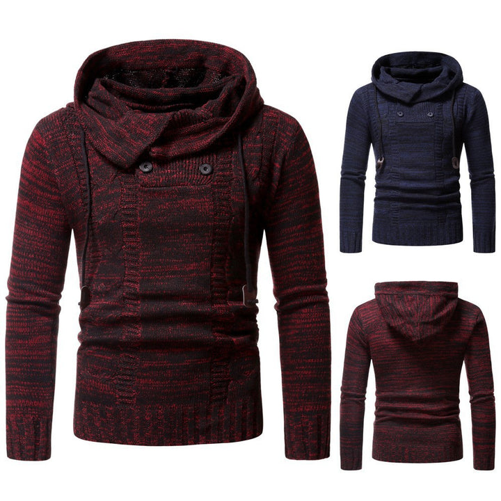 Trendy knitted sweater for men with a soft hooded collar and decorative button details Lune London
