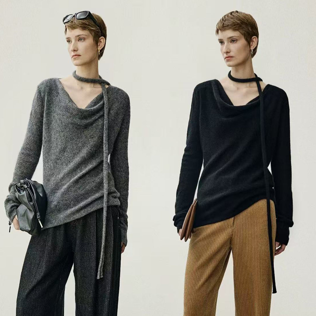 Ladies Elegant Knit Top with Open Neckline and Tie Lune London