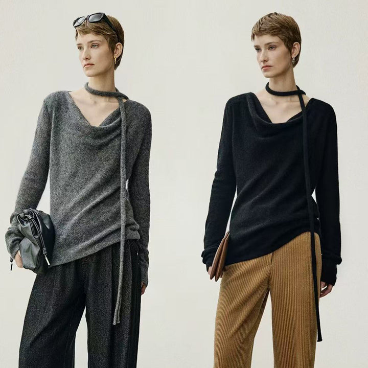 Ladies Elegant Knit Top with Open Neckline and Tie Lune London