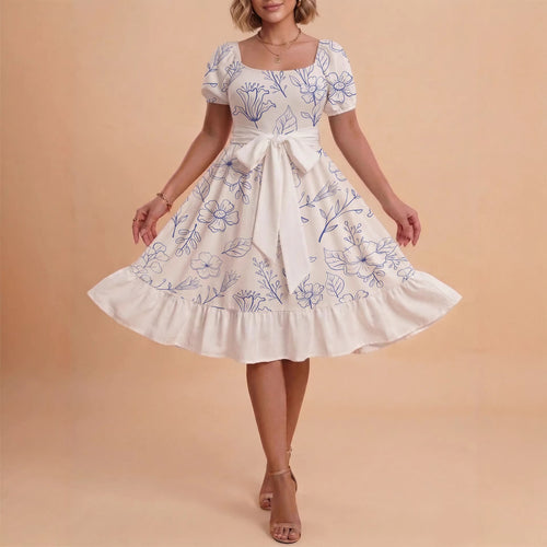 Women's Midi Dress with Elegant Floral Print and Fitted Belt Lune London