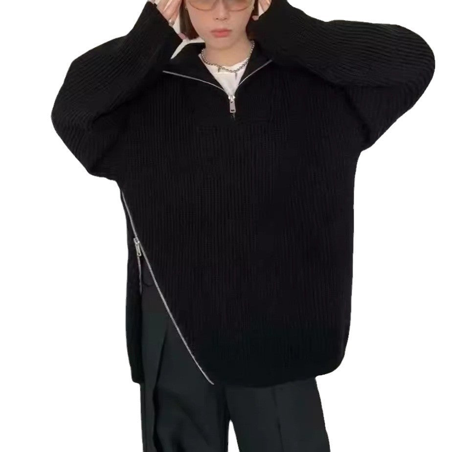 Pull en tricot décontracté pour femmes avec un col montant et une fermeture éclair sur le côté Chic & Stil