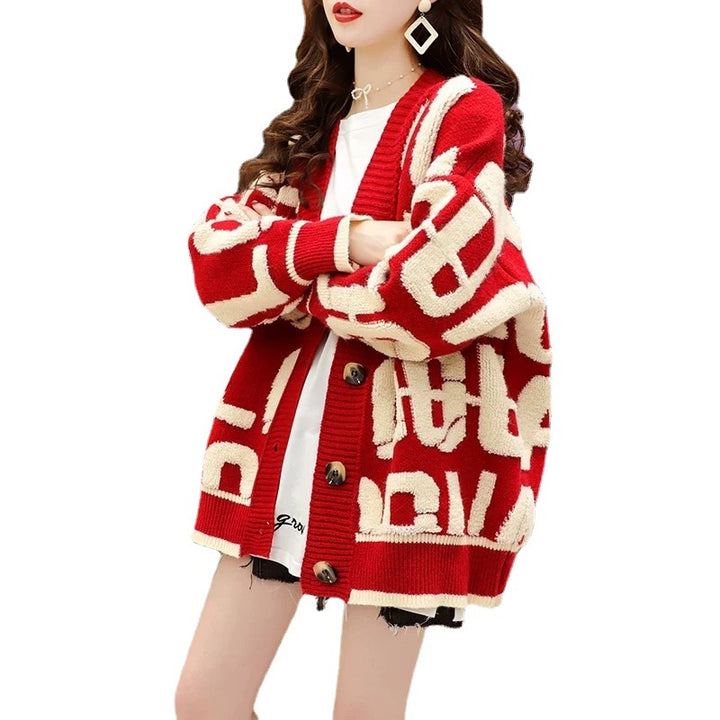 Ladies casual cardigan with large logo pattern and button closure Lune London