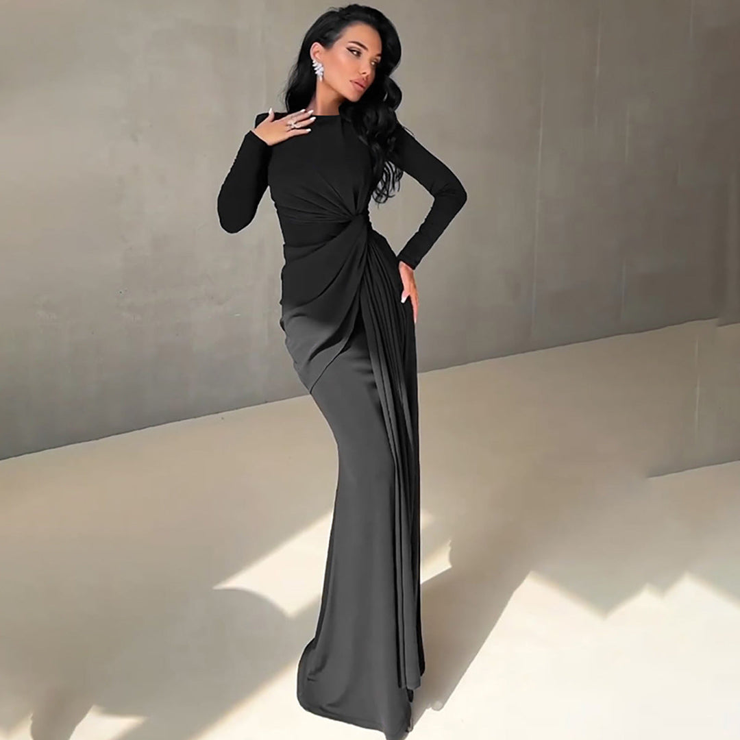 Women's Elegant Long Dress with Gathering and High Collar Lune London