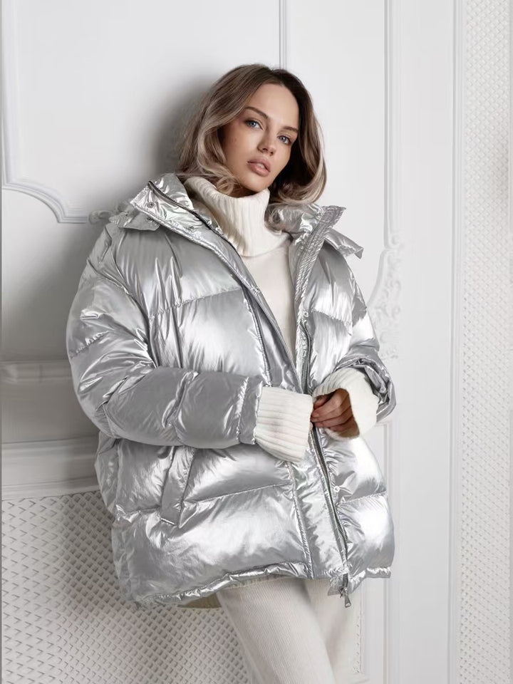 Ladies Shiny Winter Coat with Oversized Fit and Hood Lune London
