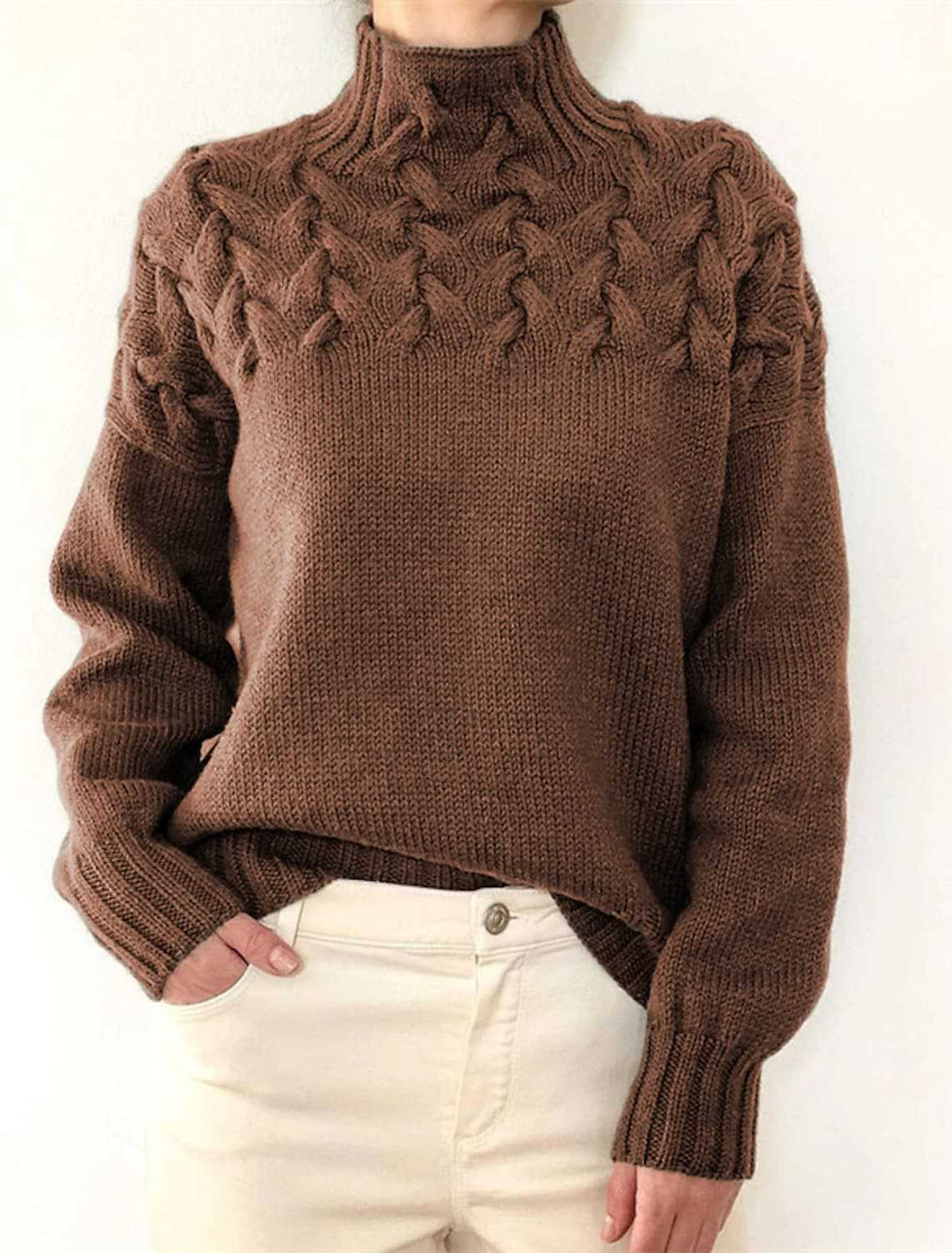 High neck sweater for women with decorative cable knit pattern Lune London
