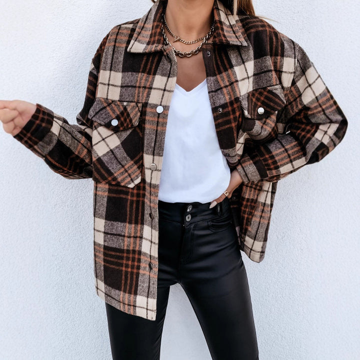 Plaid overshirt jacket for women with a relaxed fit and practical pockets Lune London