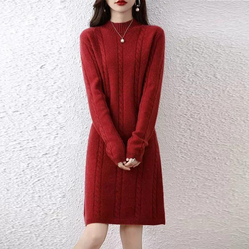 Ladies' knitted dress with elegant braid design and high collar Lune London