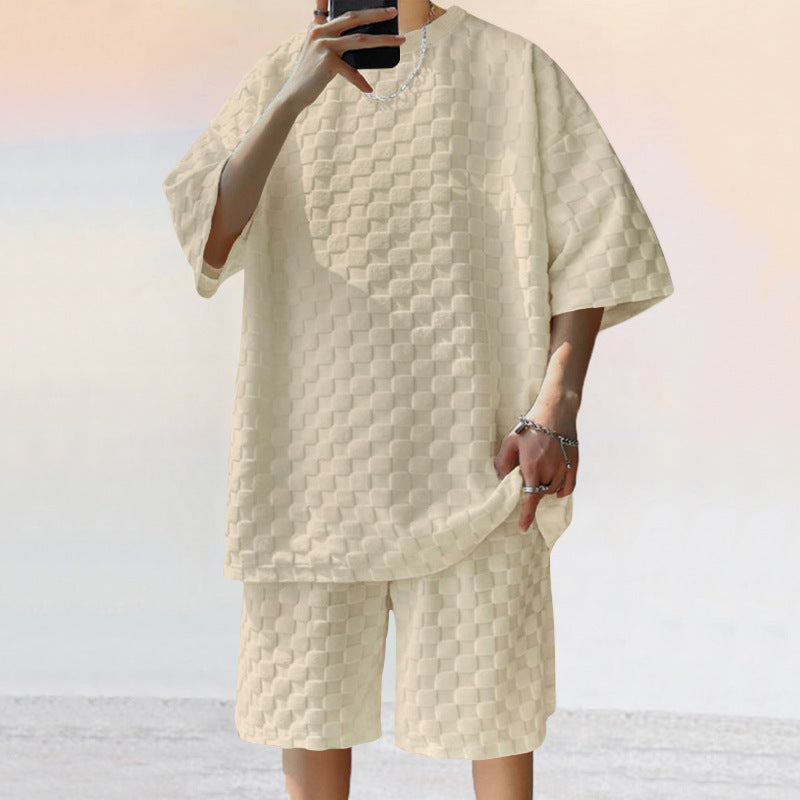 Casual men's outfit with checked pattern t-shirt and shorts Lune London