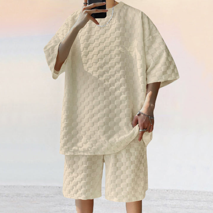 Casual men's outfit with checked pattern t-shirt and shorts Lune London