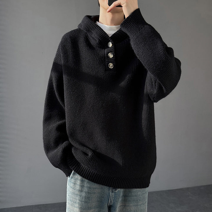 Men's knitted sweater with button placket and hood Lune London