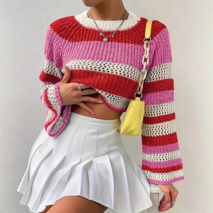 Knitted sweater for women with a playful hollow pattern and colorful stripes Lune London