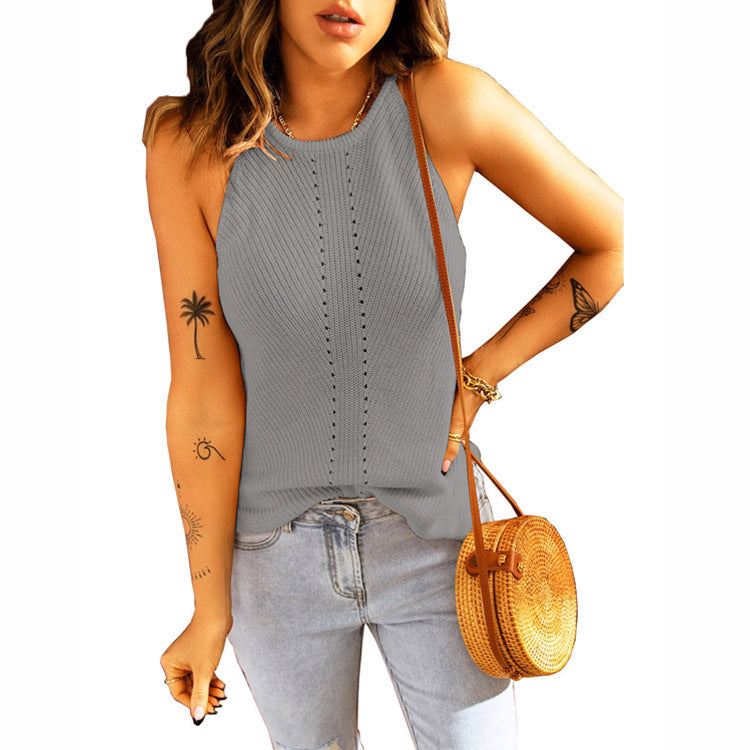Sleeveless knitted tank top for women with structured ribbed look and decorative openwork pattern Lune London