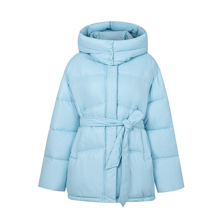 Quilted winter coat fashion for women with belt and hood Lune London