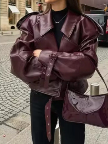 Ladies trendy oversized leather jacket with structured shoulders and waist belt Lune London