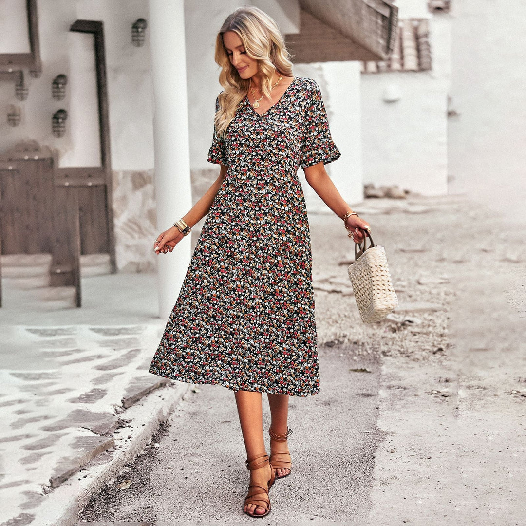 Women's Midi Dress with Floral Pattern and Playful V-Neck Lune London