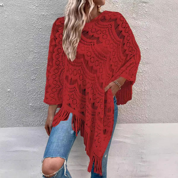 Ladies' knitted poncho with artistic crochet patterns and fringes Lune London