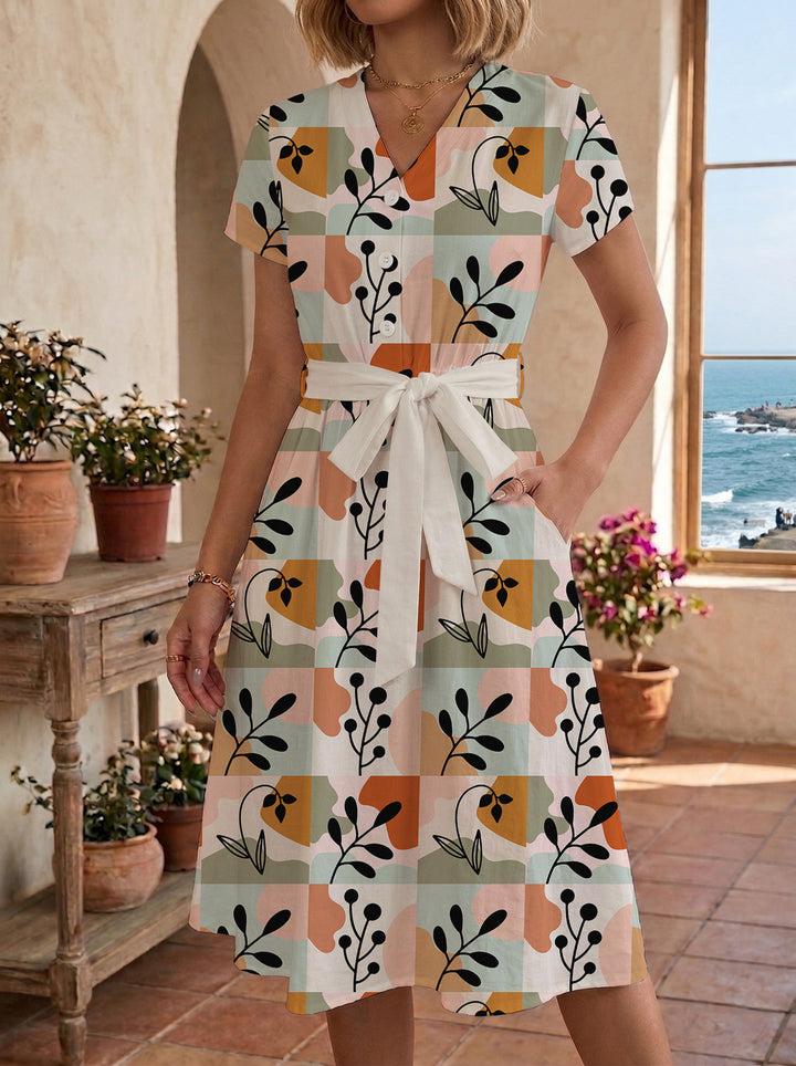 Women’s midi dress with colorful floral design and adjustable tie belt Lune London