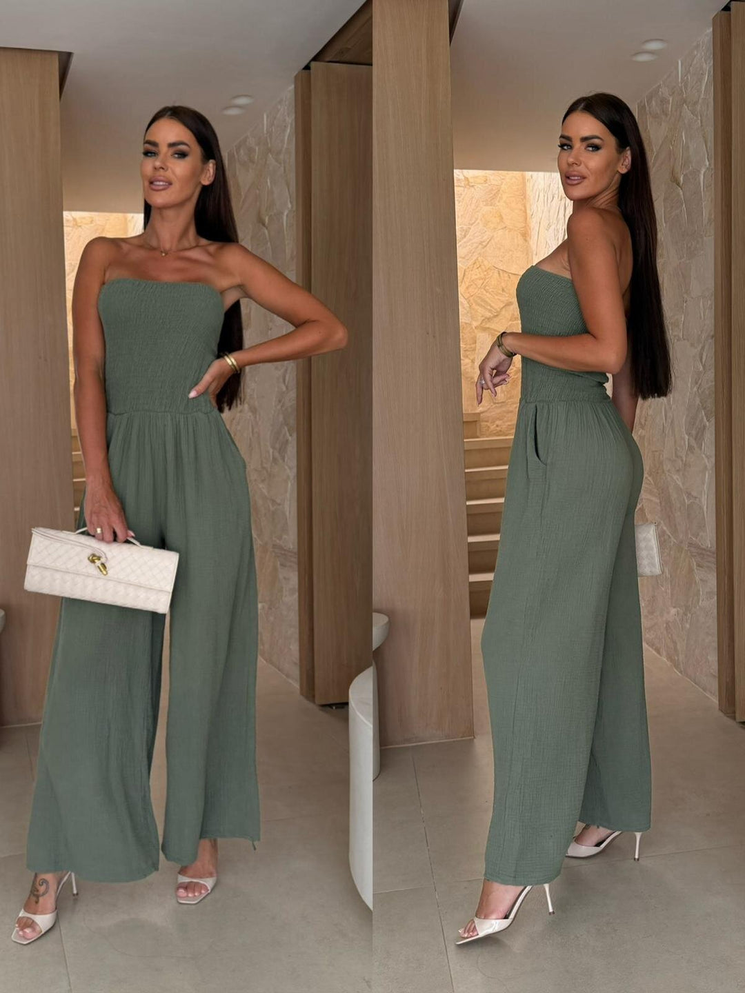 Ladies Smocked Strapless Wide Leg Jumpsuit Lune London