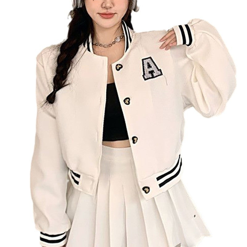 Ladies college jacket with embroidered emblem and contrasting patches Lune London