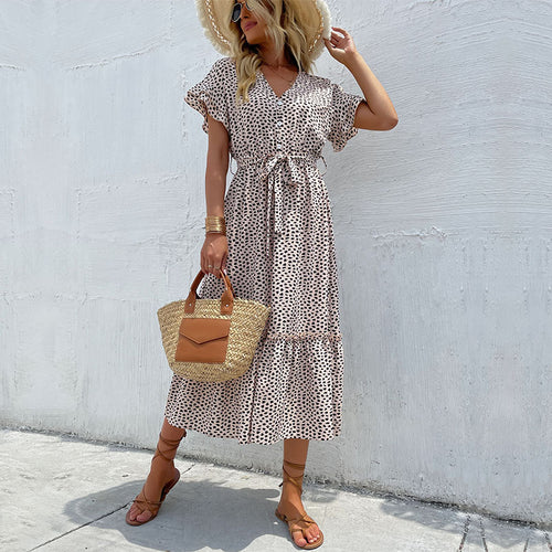 Lune London elegant polka dot maxi dress for women with adjustable waist tie
