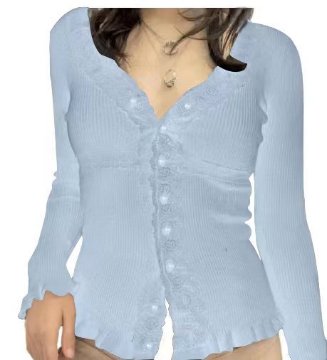 Women's knitted top with romantic lace and ruffle details Lune London