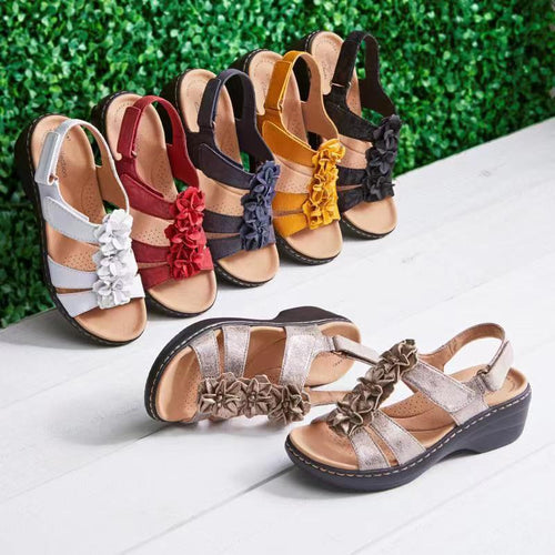 Comfortable wedge heeled sandals for ladies with delicate ruffle details Lune London
