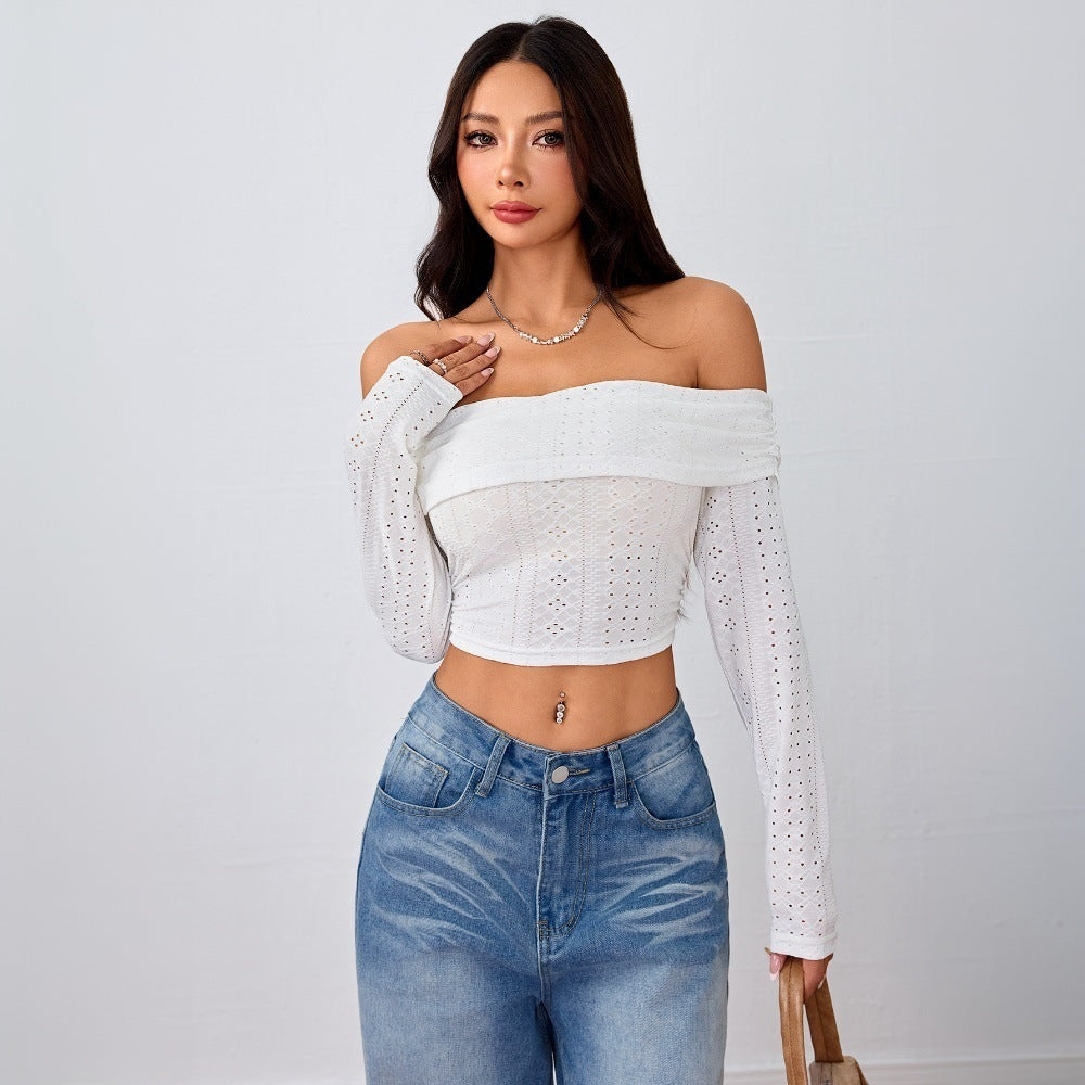 T-shirt court décolleté plongeant pour femmes avec manches bouffantes longues et structure en dentelle élégante Chic & Stil