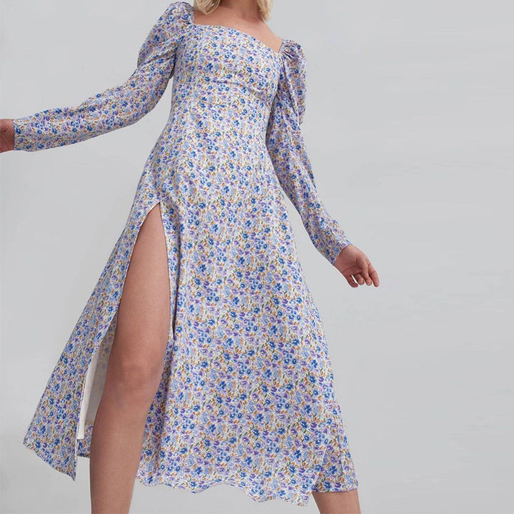 Maxi flower dress for women with asymmetrical slit and puff sleeves Lune London