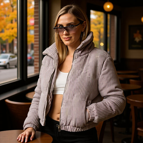 Veste en corduroy décontractée pour femmes avec col haut et poignets élastiques Chic & Stil