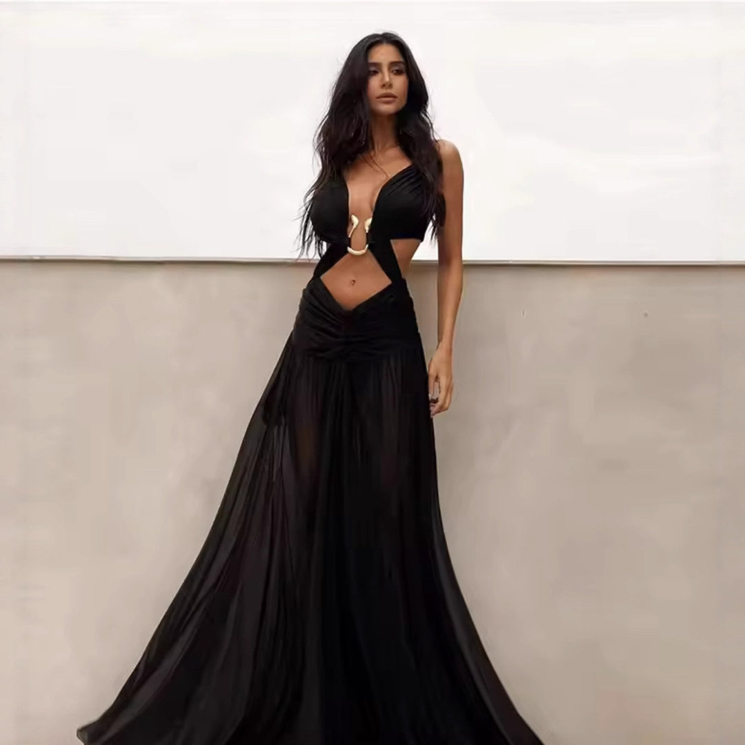 Maxi dress for women with a playful ruffle design and an elegant opening at the back Lune London