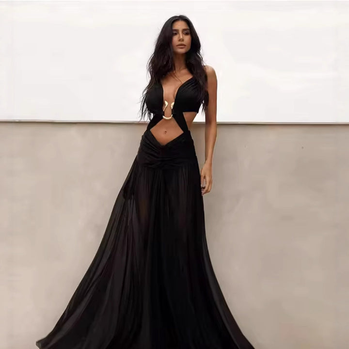 Maxi dress for women with a playful ruffle design and an elegant opening at the back Lune London