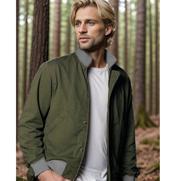 Transition jacket for men with high collar and practical pockets Lune London