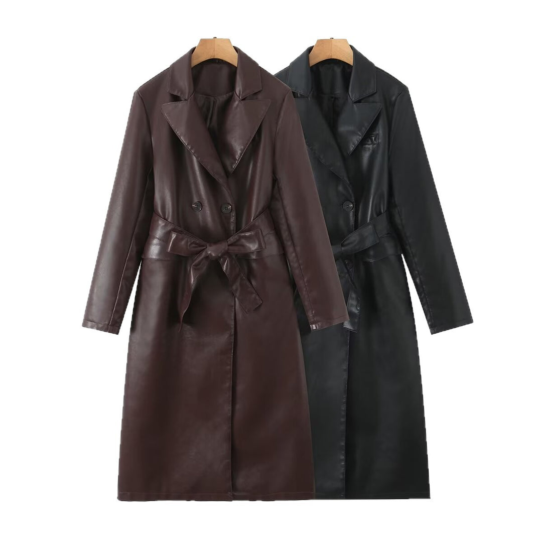 Synthetic leather trench coat for women with a waist belt and stylish pocket seams Lune London