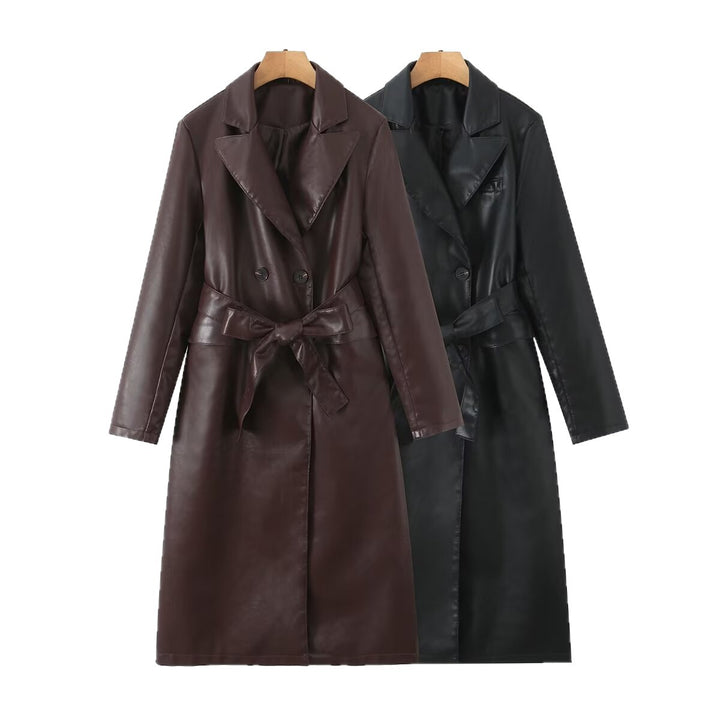 Synthetic leather trench coat for women with a waist belt and stylish pocket seams Lune London