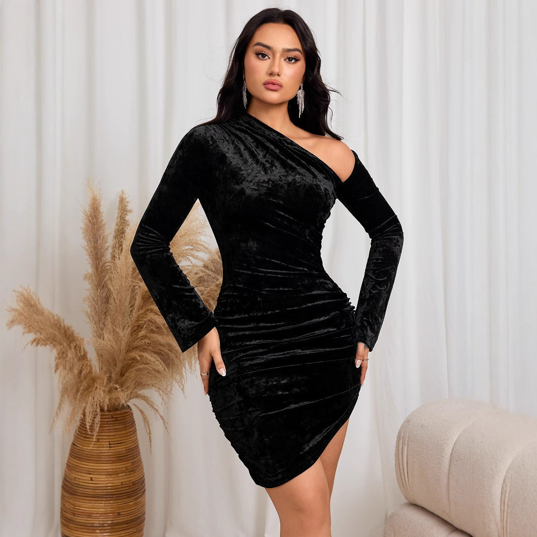 Chic & Stil One-Shoulder Elegant Dress for Women in Velvet Material
