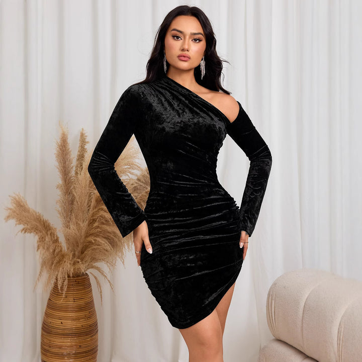 Chic & Stil One-Shoulder Elegant Dress for Women in Velvet Material