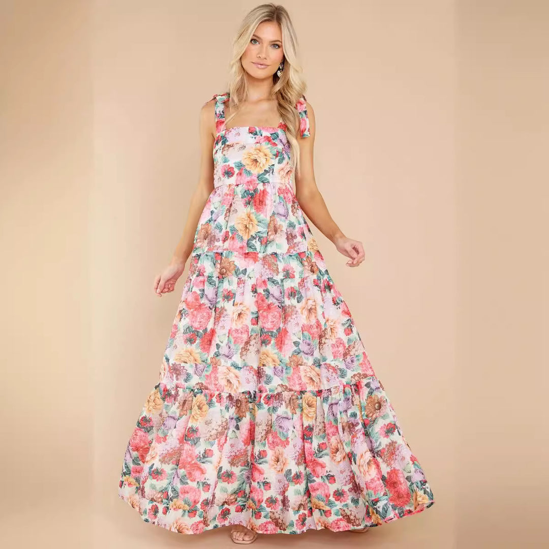 Women's Boho Maxi Dress with Playful Ruffle Details and Straps Lune London