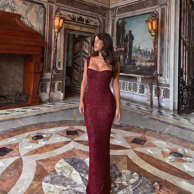 Ladies Glittering Evening Dress with Deep Neckline and Elegant Spaghetti Straps Lune London