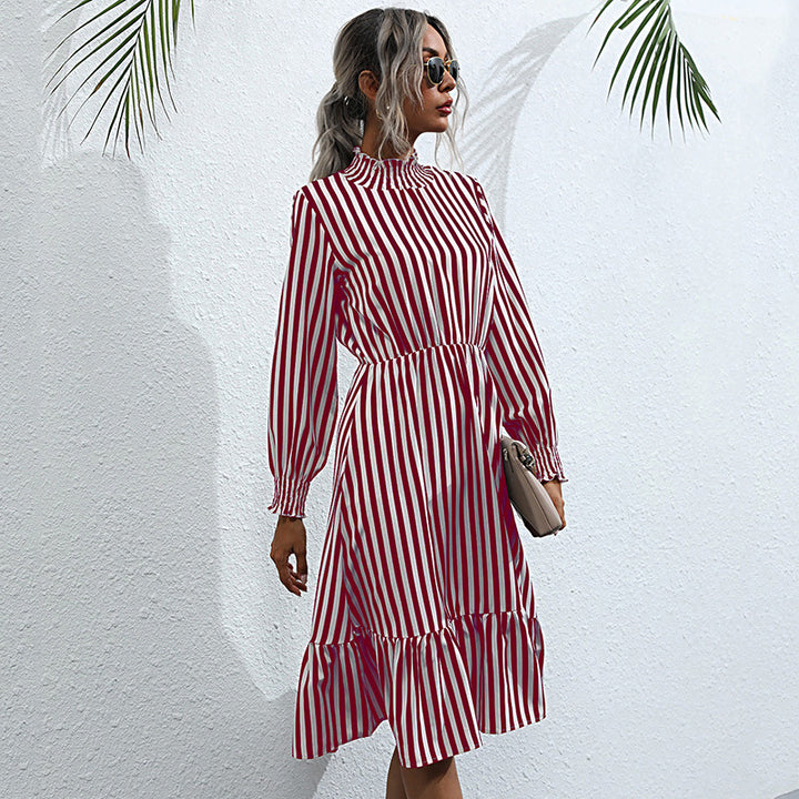 Lune London striped tiered midi dress for women with long sleeves and high collar