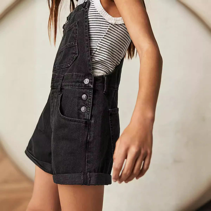 Women's Casual Denim Overalls Shorts with Functional Pockets and Adjustable Straps Lune London