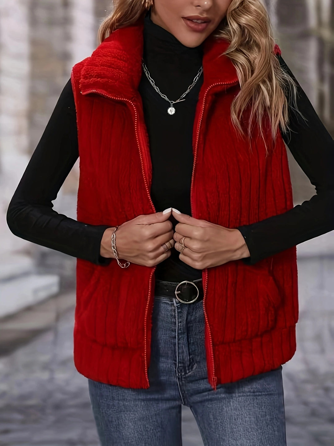 Women Cozy Vest with High Collar and Full Zipper Lune London
