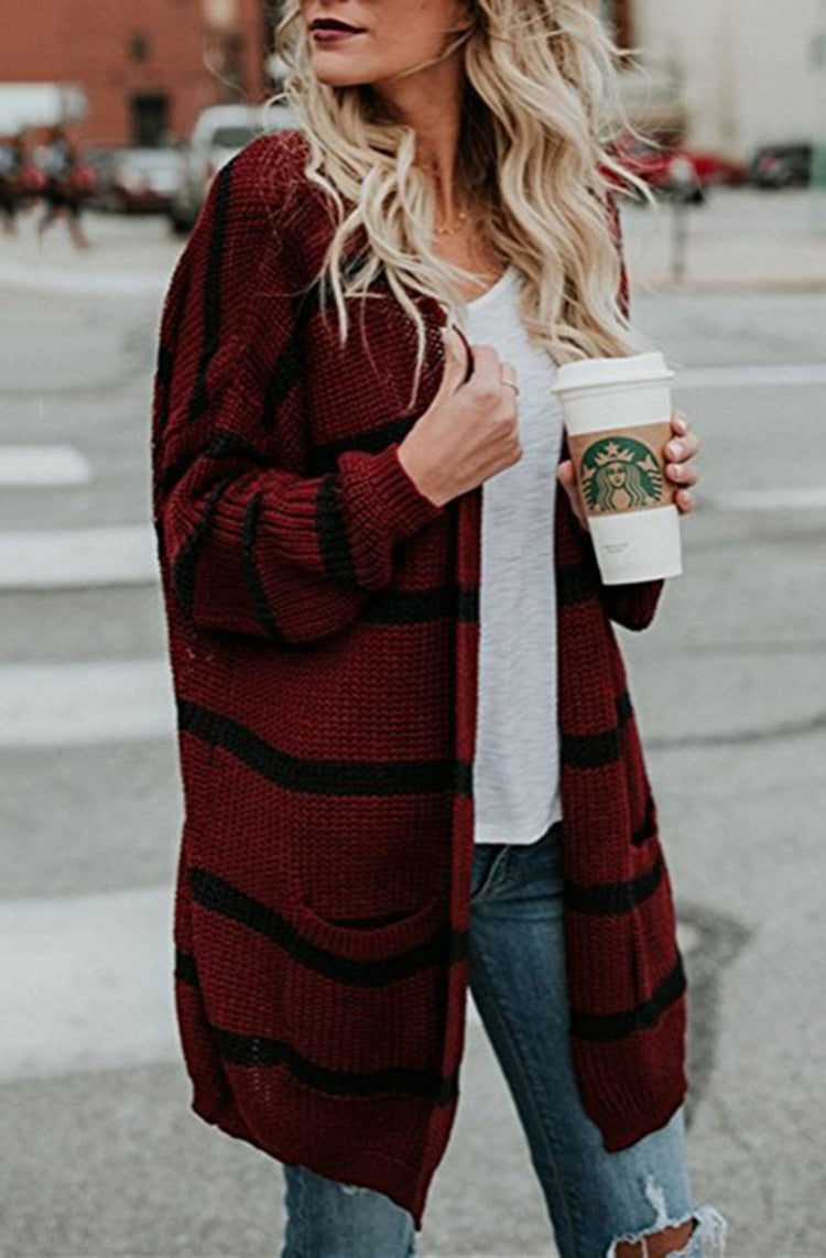 Casual knit cardigan for women with pockets and wide stripes Lune London