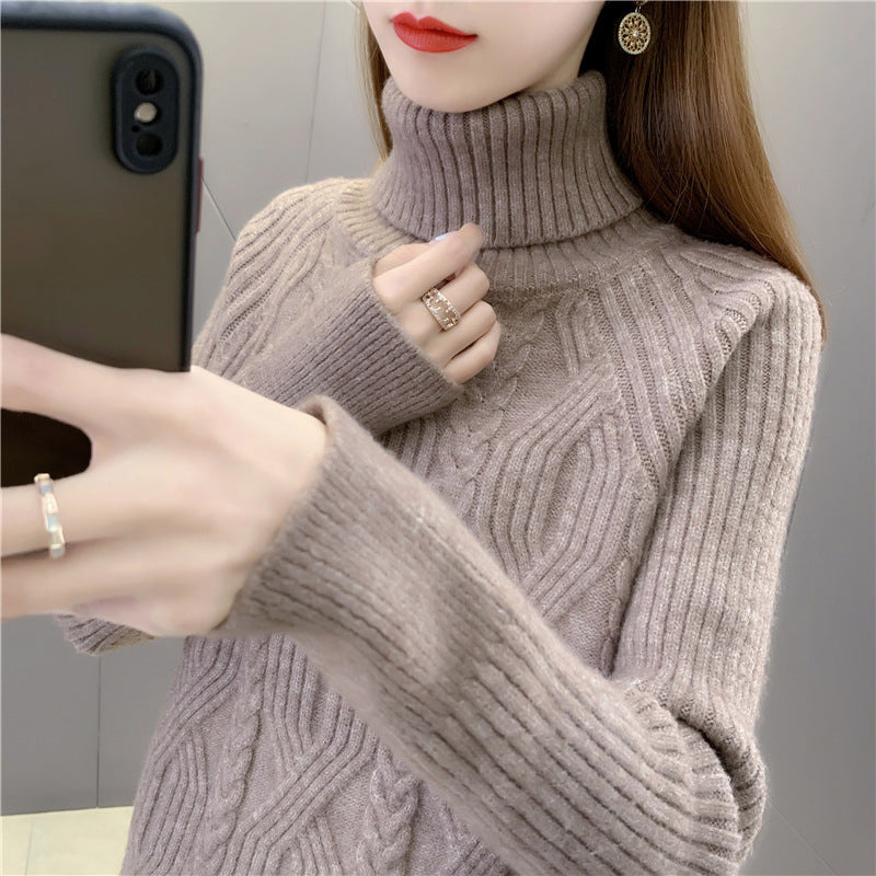 Knitted sweater for women with high collar and beautiful cable pattern Lune London