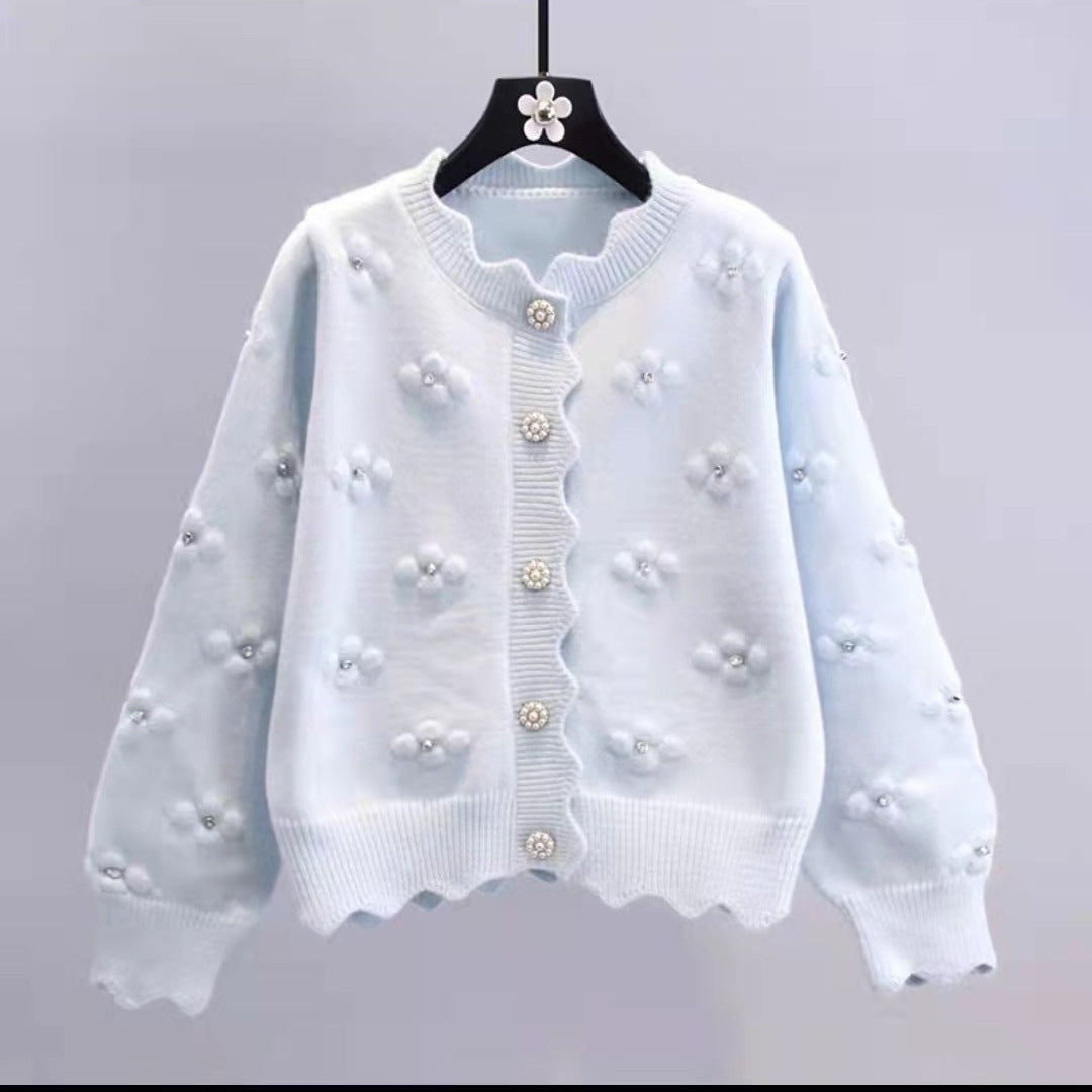 Ladies Loose Knit Vest with Floral Applications and Pearl Buttons Lune London