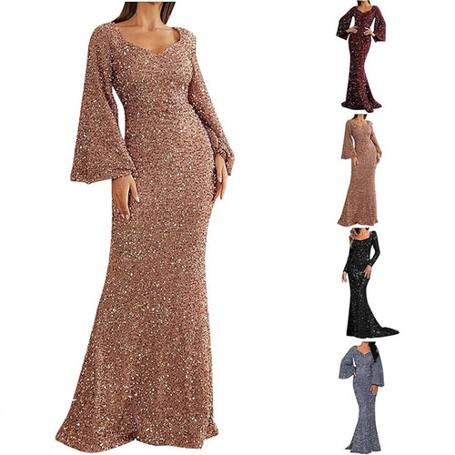 Ladies Glamorous Glitter Evening Dress with Swinging Skirt and Voluminous Sleeves Lune London