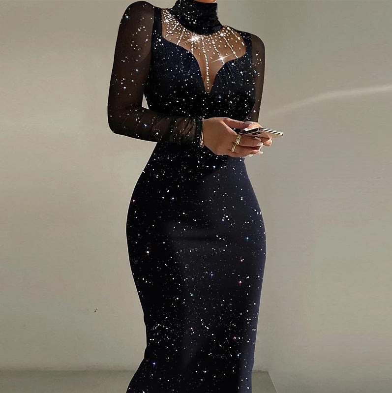 Lune London | Ladies Elegant Evening Dress with Transparent Sleeves and Shimmering Star Pattern