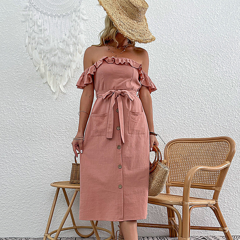 Robe midi à épaules dénudées pour femmes avec détails en volants et ceinture à nouer Chic & Stil